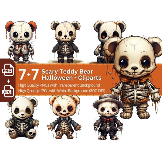 Scary Teddy Bear 7+7 PNG Clip Art Bundle Halloween Skeleton Teddy - Everything Pixel