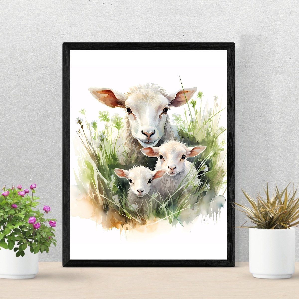 Sheep Family in High Grass - Watercolor Nursery Wall Art Print - Everything Pixel