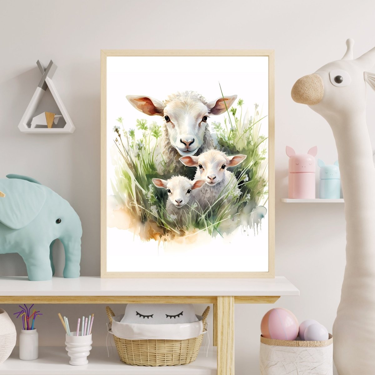 Sheep Family in High Grass - Watercolor Nursery Wall Art Print - Everything Pixel