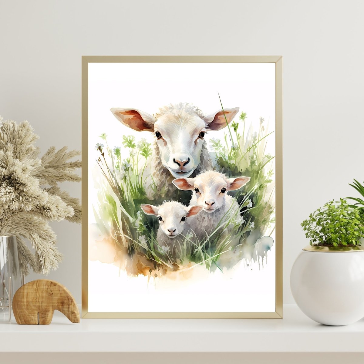 Sheep Family in High Grass - Watercolor Nursery Wall Art Print - Everything Pixel