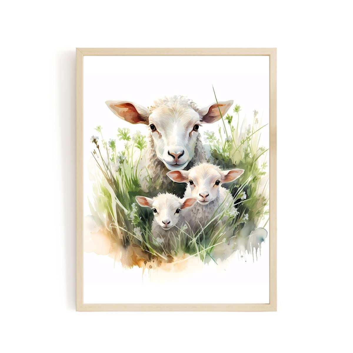 Sheep Family in High Grass - Watercolor Nursery Wall Art Print - Everything Pixel