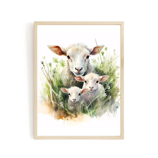 Sheep Family in High Grass - Watercolor Nursery Wall Art Print - Everything Pixel