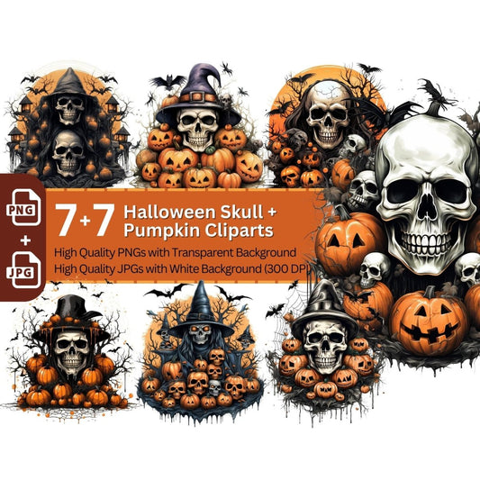 Skull & Pumpkin Halloween 7+7 PNG Clipart Bundle Halloween - Everything Pixel