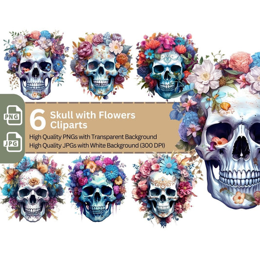 Skull with Flowers 6+6 PNG Clip Art Bundle - Everything Pixel