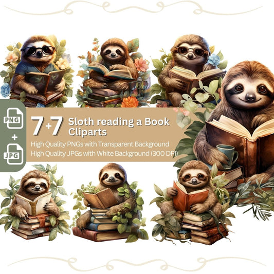 Sloth reading a Book Clipart 7+7 PNG/JPG Bundle Bookworm - Everything Pixel