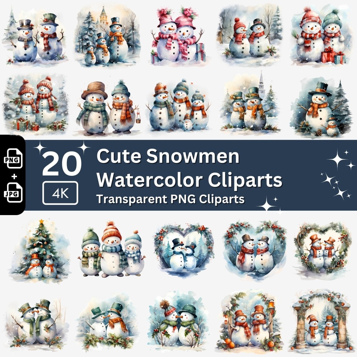 Snowman Watercolor Cliparts 20 PNG Bundle Cute Snowman Family Graphics Festive Snowman Couple Kissing Snowman Valentine Snowman Image - Everything Pixel