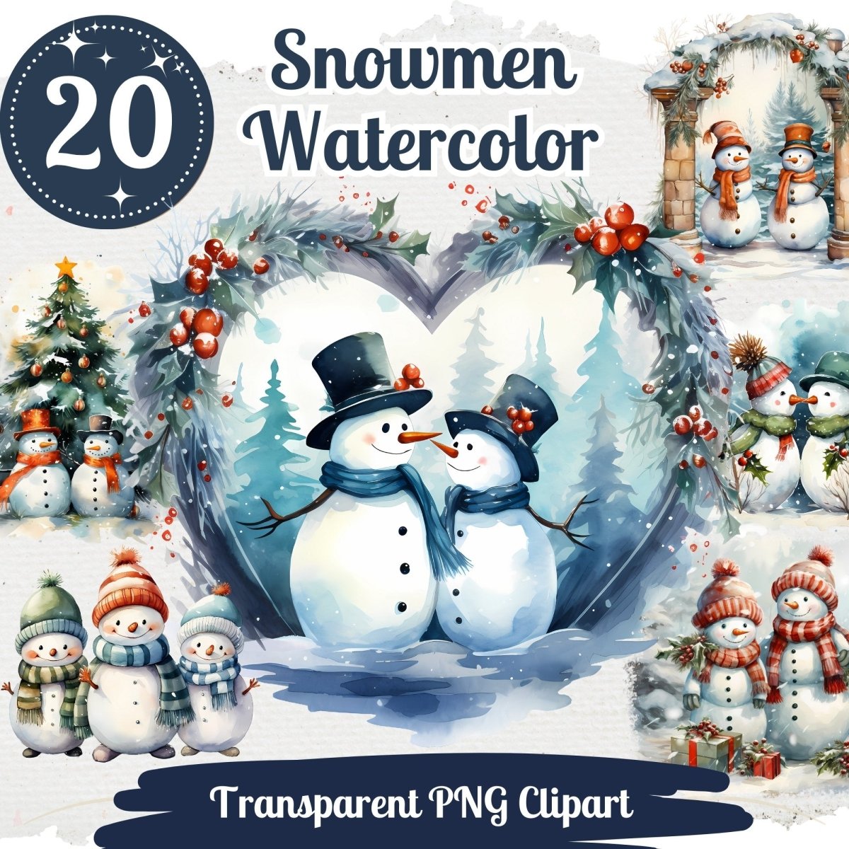 Snowman Watercolor Cliparts 20 PNG Bundle Cute Snowman Family Graphics Festive Snowman Couple Kissing Snowman Valentine Snowman Image - Everything Pixel
