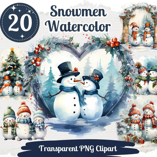 Snowman Watercolor Cliparts 20 PNG Bundle Cute Snowman Family Graphics Festive Snowman Couple Kissing Snowman Valentine Snowman Image - Everything Pixel