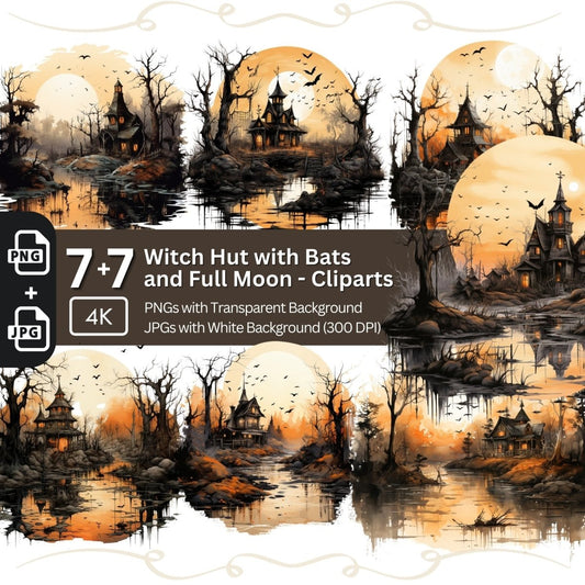 Spooky Witch Hut Clipart Bundle 7+7 PNG JPG Halloween Graphics Witch - Everything Pixel