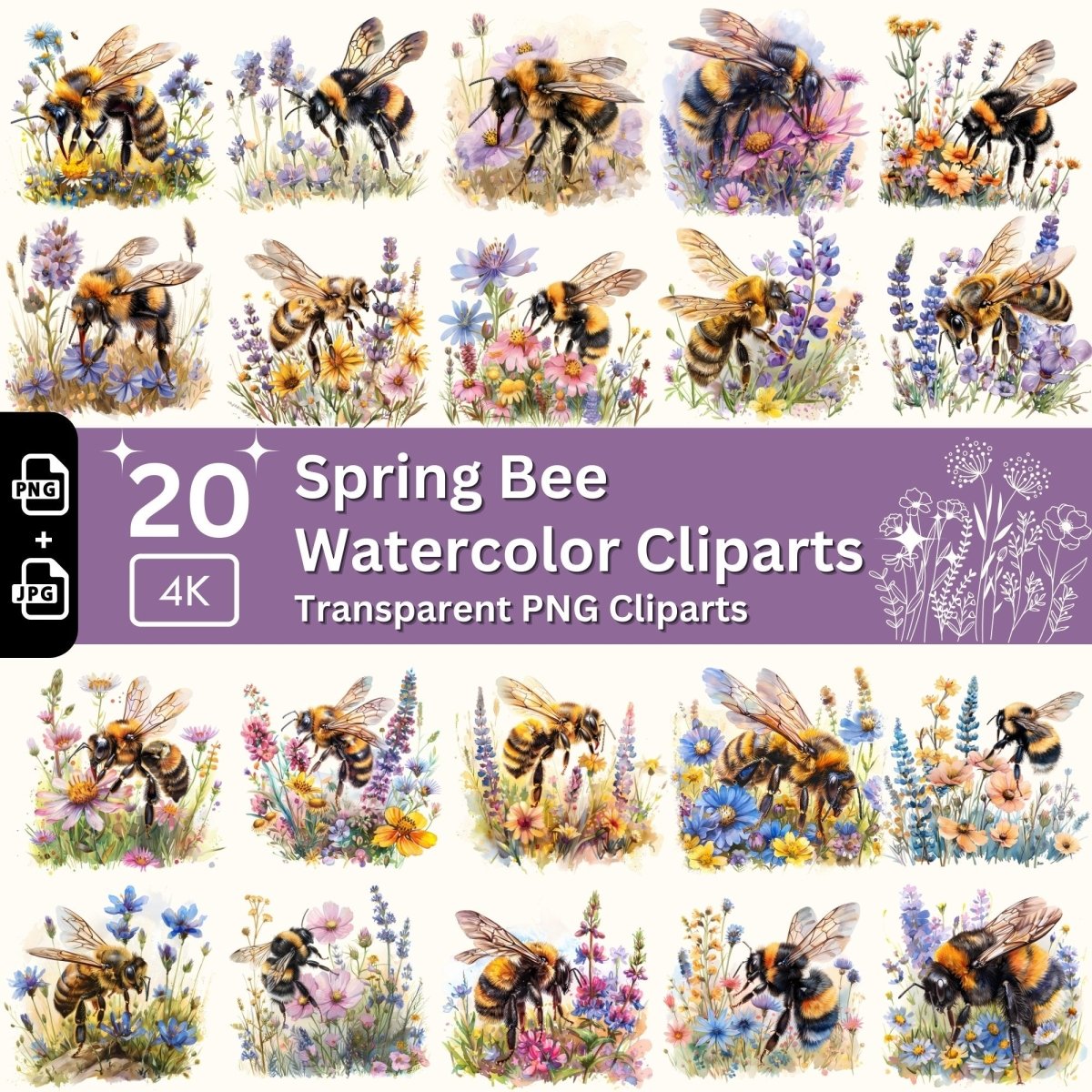 Spring Bee Watercolor Clipart Bundle - Everything Pixel