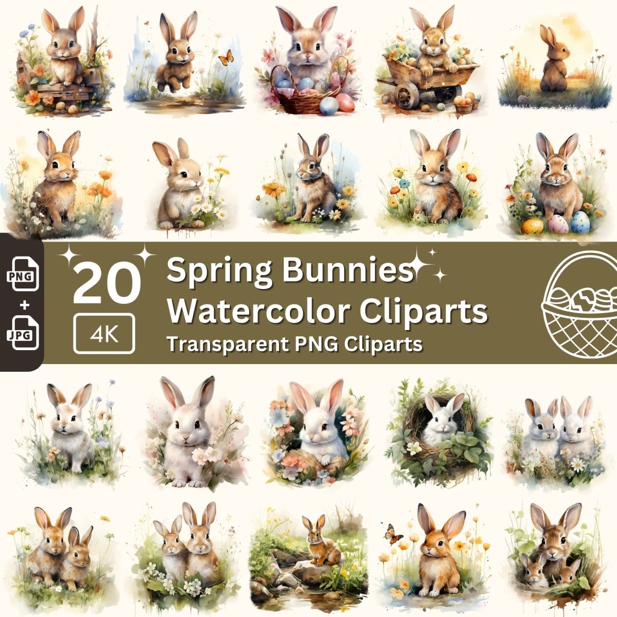 Spring Bunny Cliparts 20 PNG Bundle Pastel Watercolor Easter Bunnies Card Crafting Junk Journal Kit Happy Easter Spring Nursery Graphic - Everything Pixel