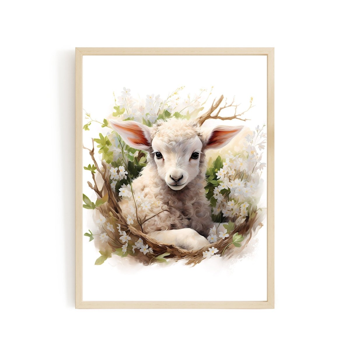 Spring Bush Baby Lamb - Watercolor Nursery Wall Art Print - Everything Pixel