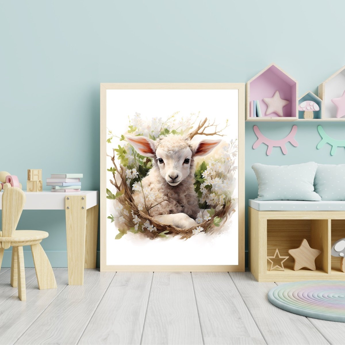 Spring Bush Baby Lamb - Watercolor Nursery Wall Art Print - Everything Pixel