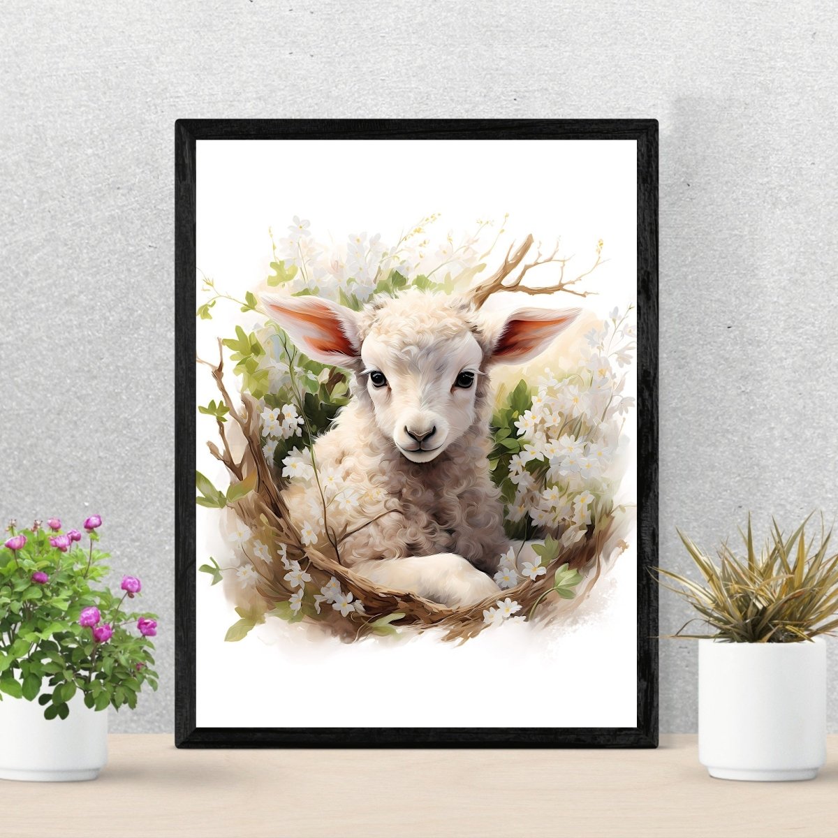 Spring Bush Baby Lamb - Watercolor Nursery Wall Art Print - Everything Pixel