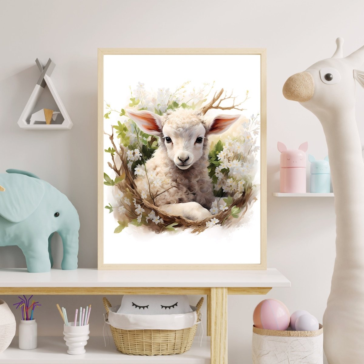 Spring Bush Baby Lamb - Watercolor Nursery Wall Art Print - Everything Pixel