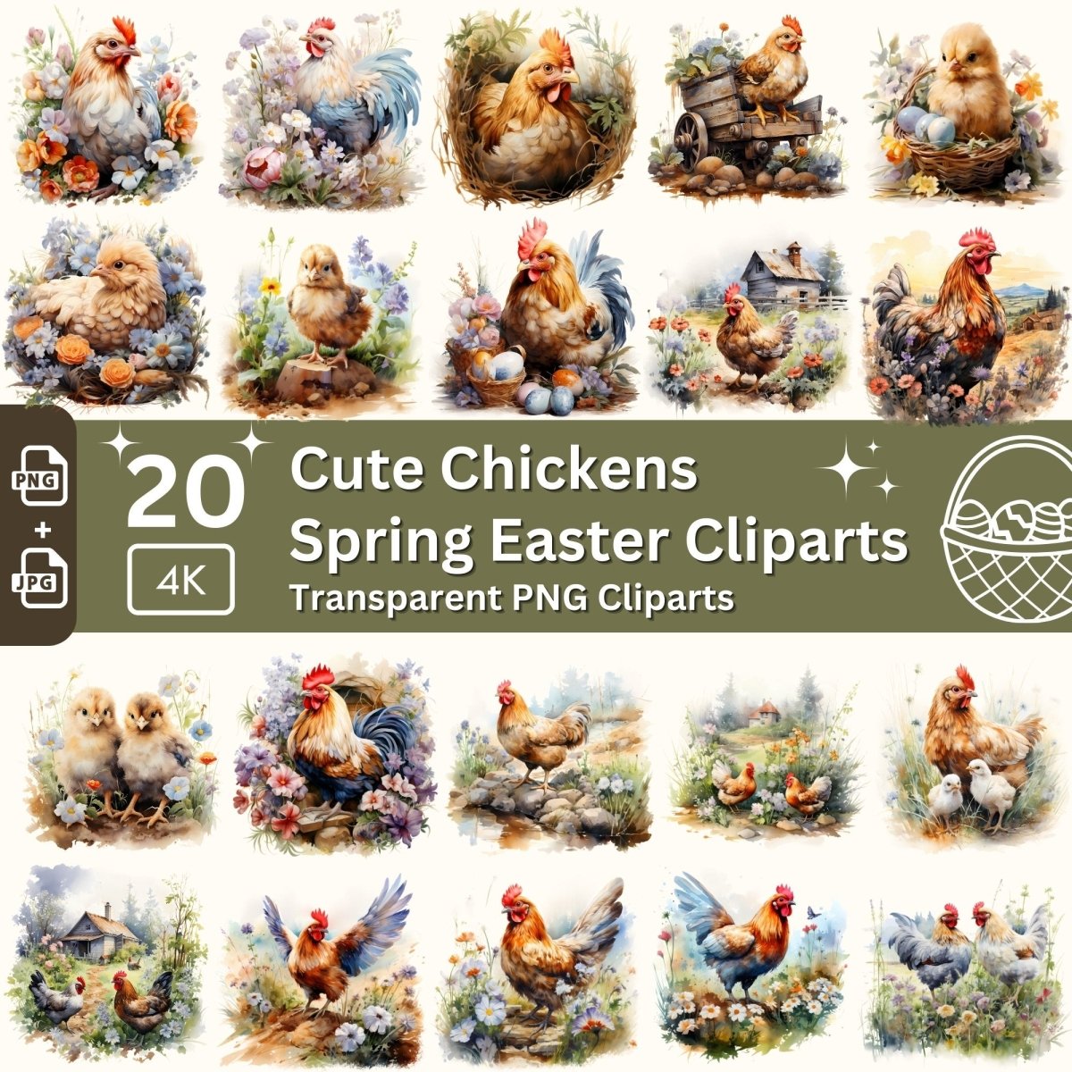 Spring Chicken Watercolor Clipart Bundle - 20 PNGs - Everything Pixel