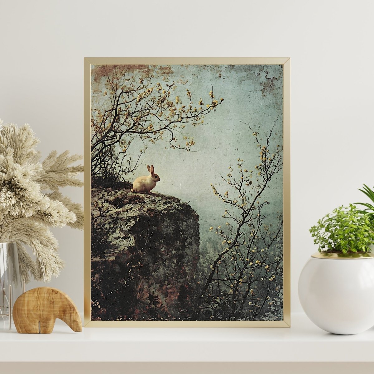 Spring Cliff & Lonely Rabbit - Vintage Wall Art Print - Everything Pixel