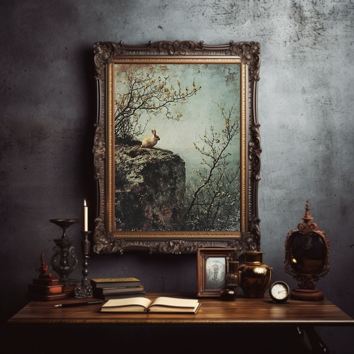 Spring Cliff & Lonely Rabbit - Vintage Wall Art Print - Everything Pixel