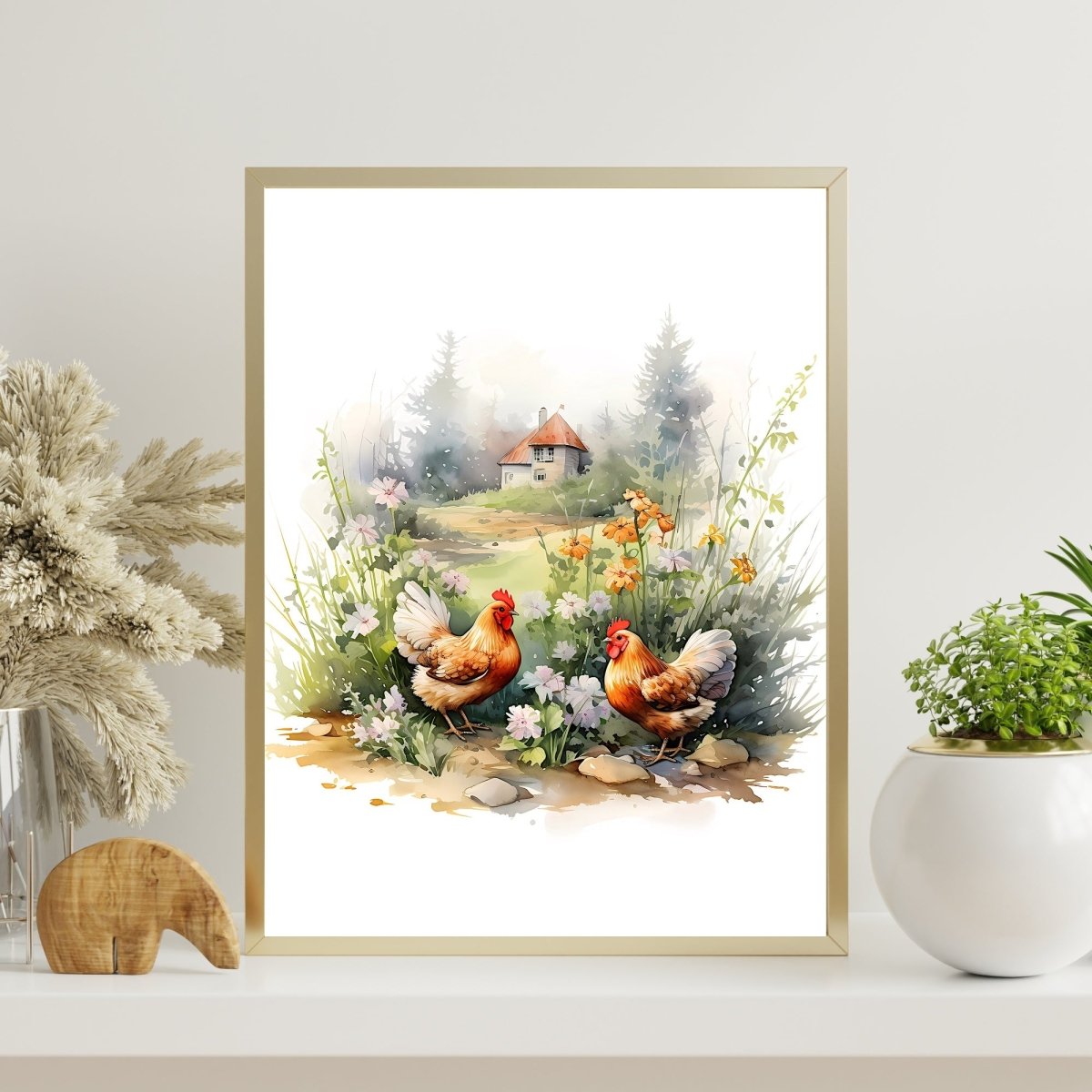 Spring Farm & Chickens - Watercolor Nursery Wall Art Print - Everything Pixel