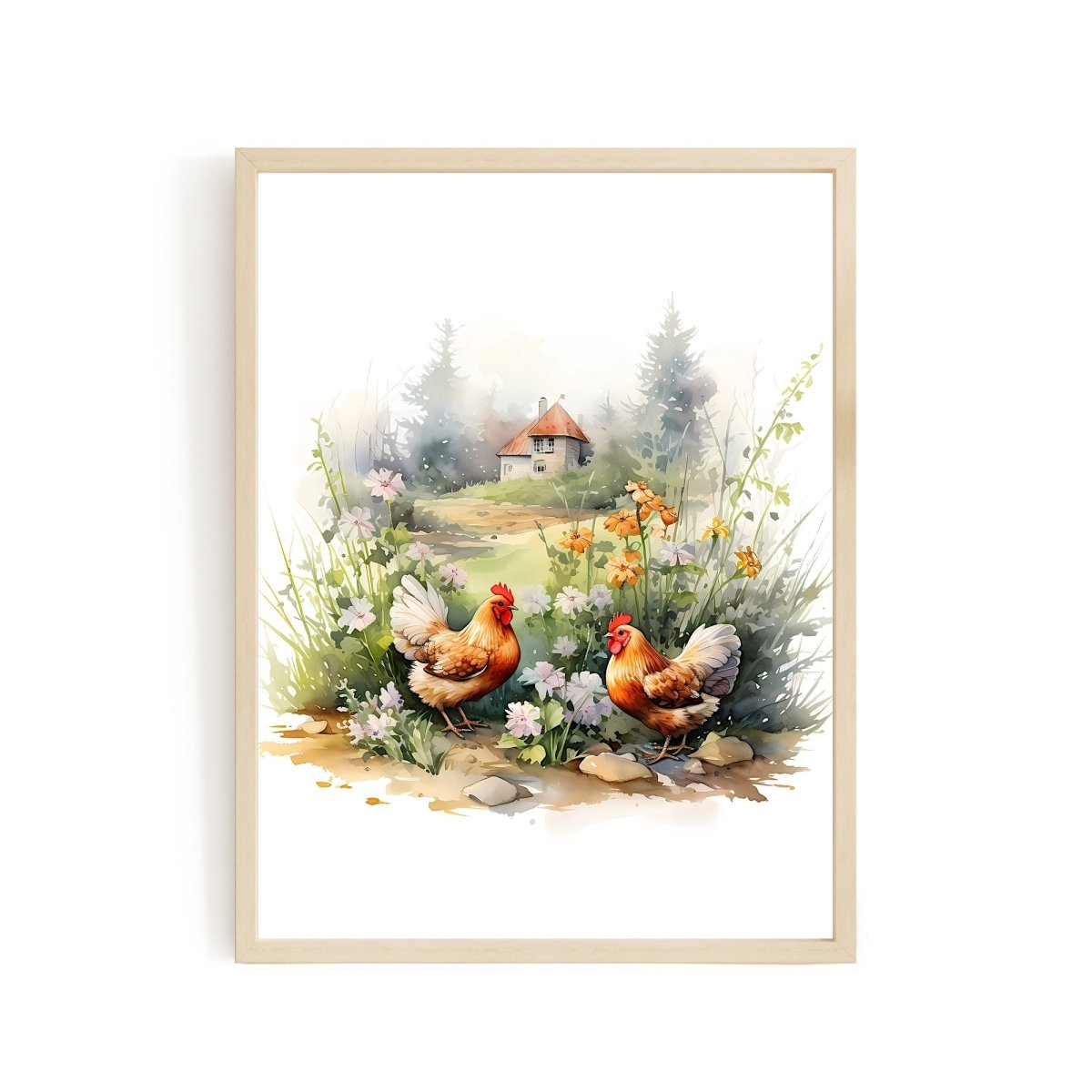 Spring Farm & Chickens - Watercolor Nursery Wall Art Print - Everything Pixel