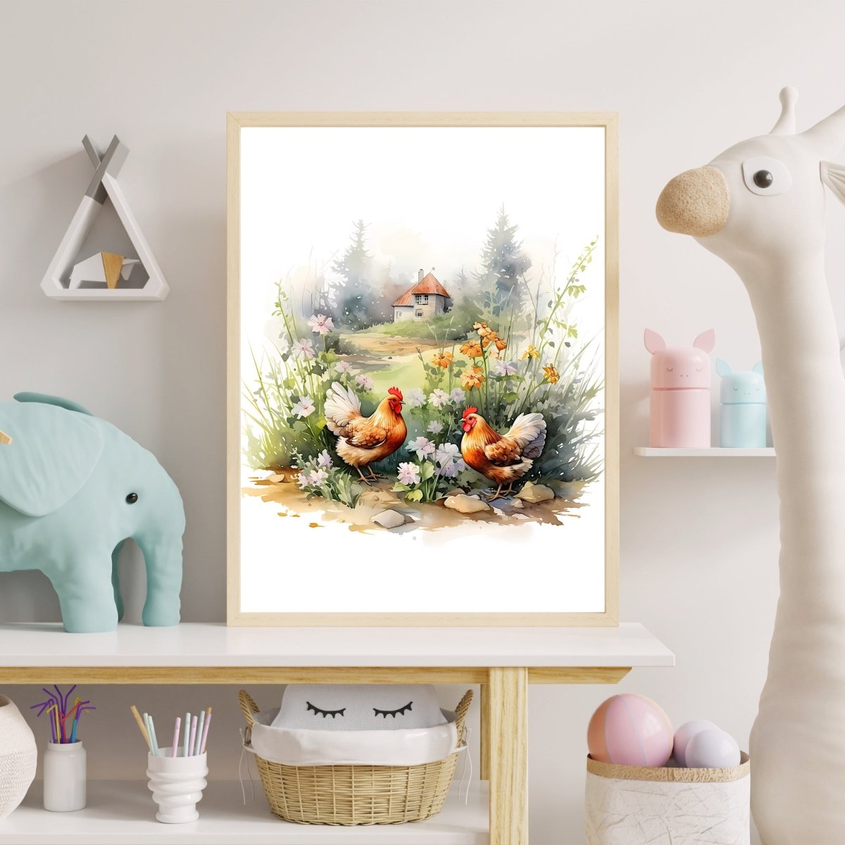 Spring Farm & Chickens - Watercolor Nursery Wall Art Print - Everything Pixel