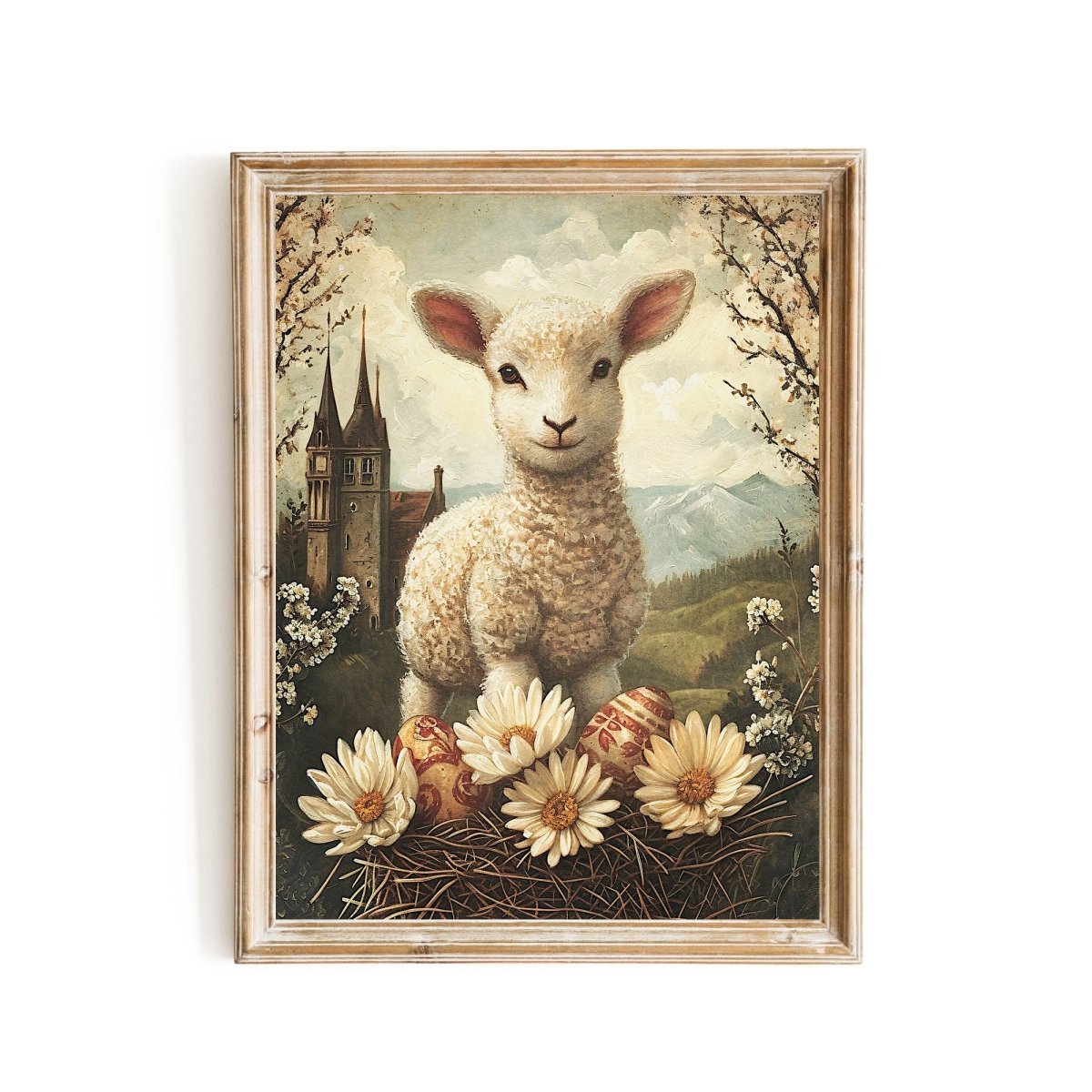Spring Mountain Lamb with Easter Eggs - Vintage Wall Art Print - Everything Pixel
