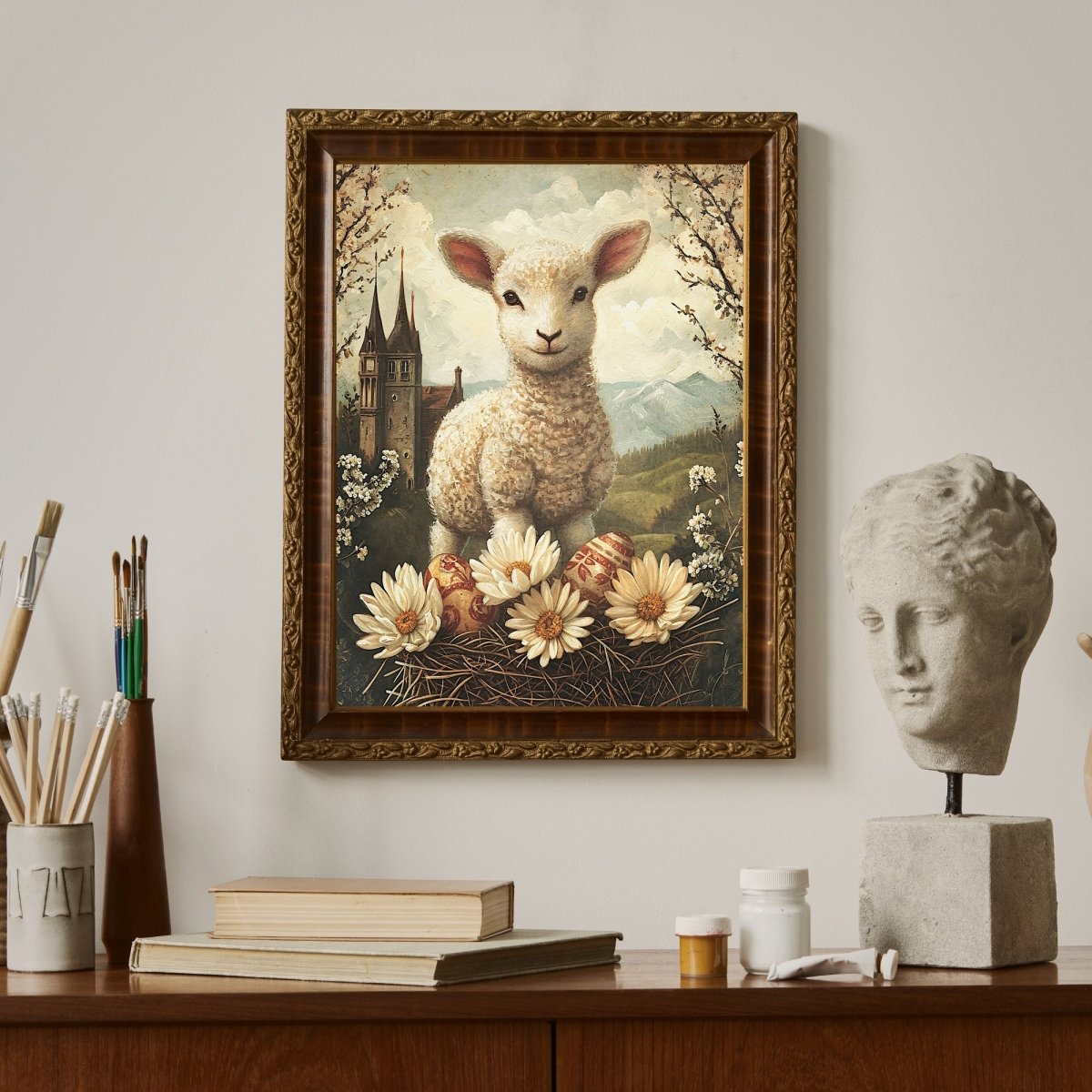 Spring Mountain Lamb with Easter Eggs - Vintage Wall Art Print - Everything Pixel