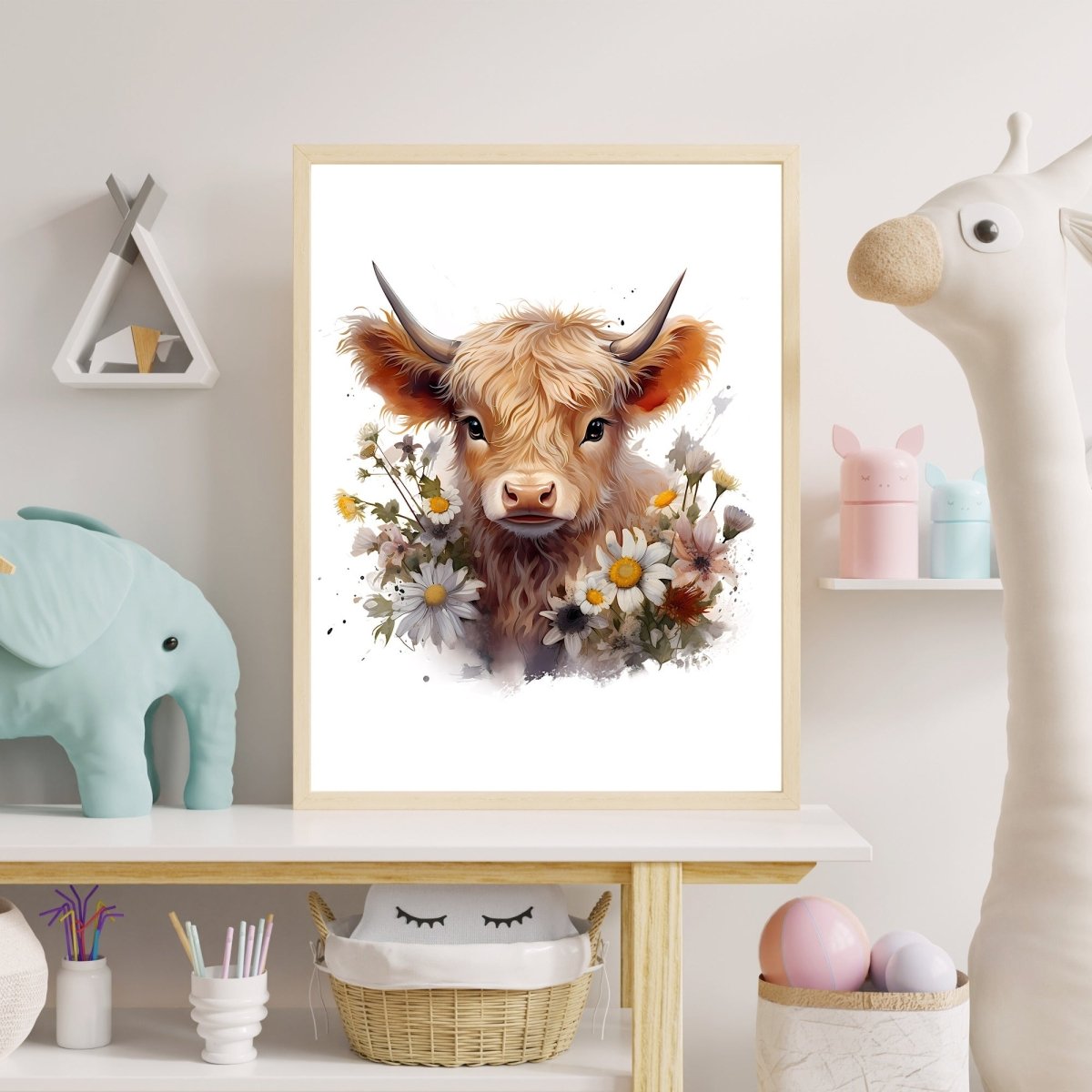 Springtime Baby Highland Cow - Nursery Wall Art Print - Everything Pixel