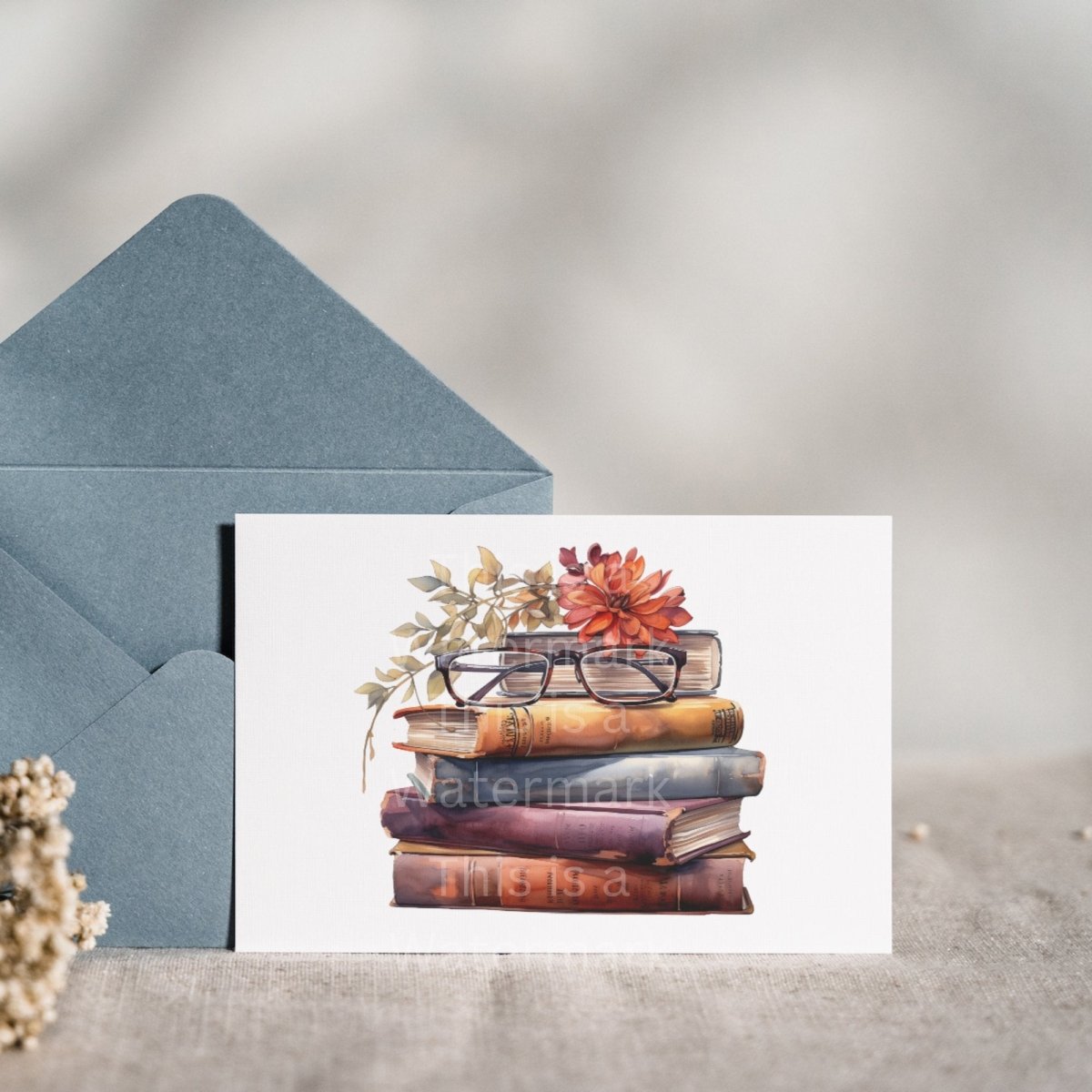 Stack of Books with Reading Glasses and Flower Accents Clipart 7+7 PNG JPG Bundle Illustration invitations bullet journal digital projects - Everything Pixel