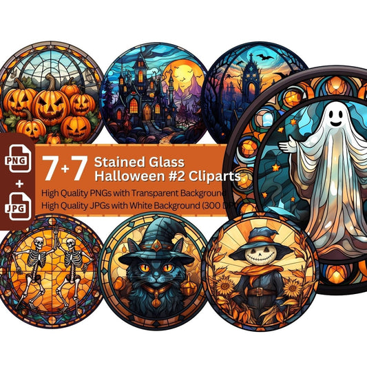 Stained Glass Halloween Design 7+7 PNG Clip Art Bundle Gothic Halloween - Everything Pixel