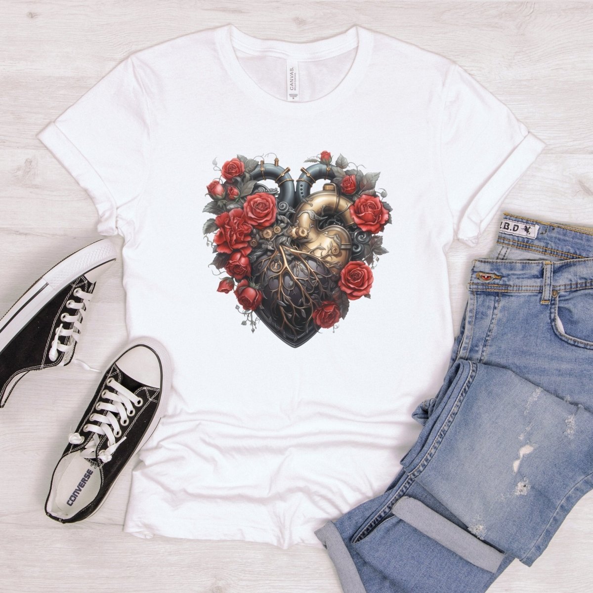 Steam Punk Heart T-Shirt High Quality Floral Heart Valentines Day Shirt Love Gift for Her Love Tee Gothic Heart Tee Love Shirt Dark Love - Everything Pixel
