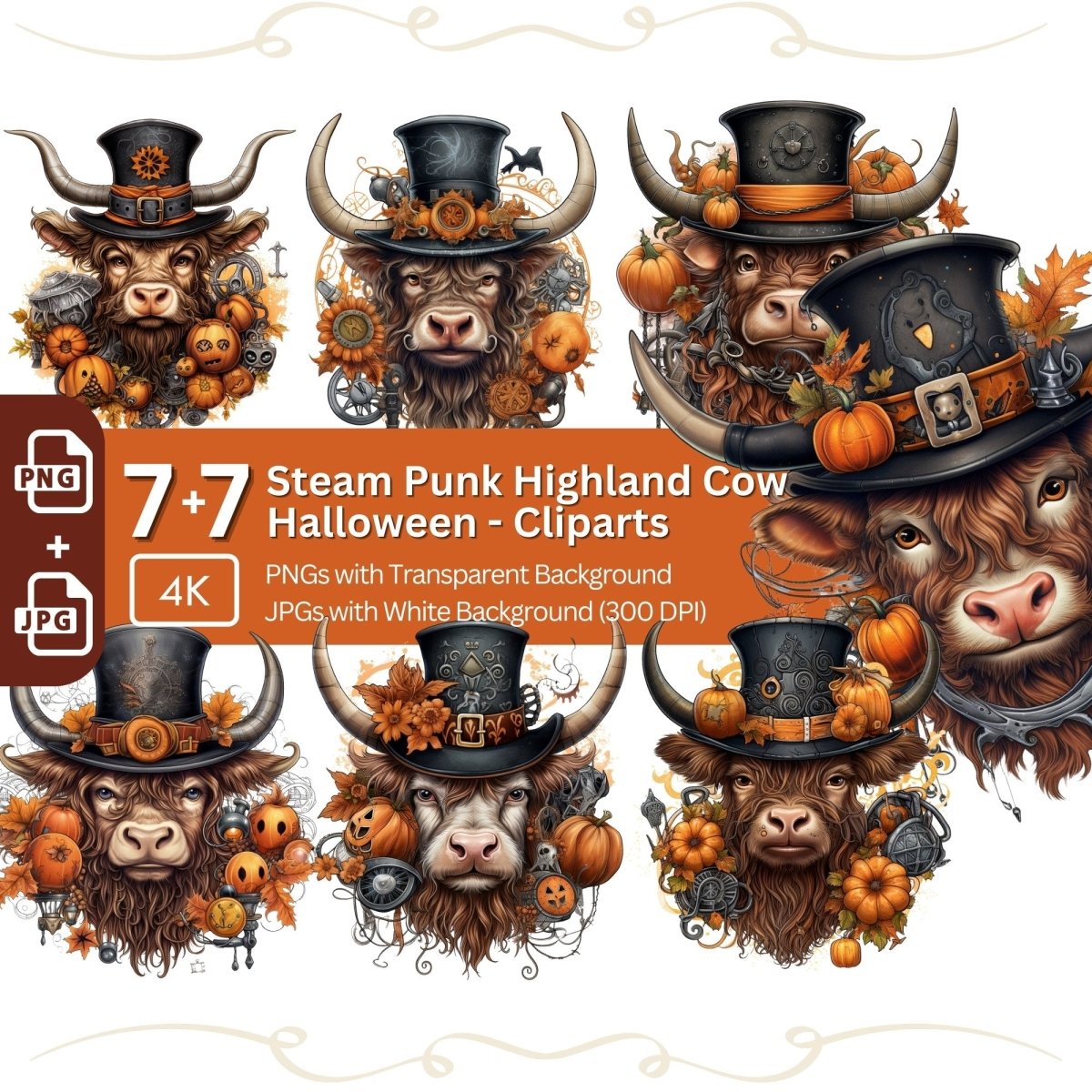 Steam Punk Highland Cow Clipart 7+7 PNG JPG Halloween - Everything Pixel