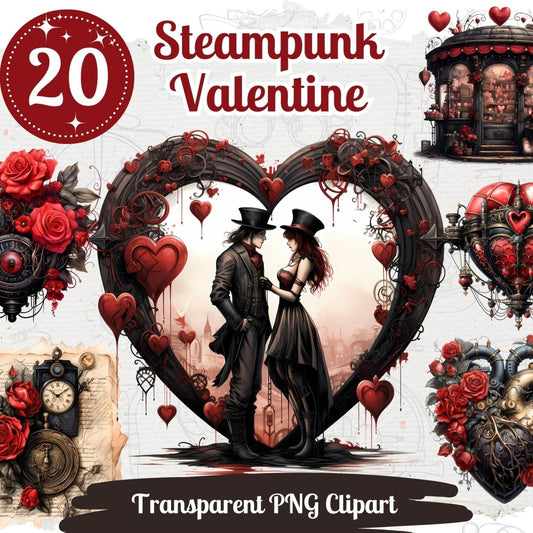 Steampunk Love Cliparts 20 PNG Bundle Romantic Valentines Day Set Gothic Clipart Card Crafting Junk Journal Kit Romantic Couple Graphic - Everything Pixel