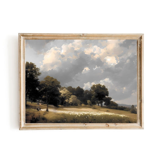 Stormy sky meadow painting vintage oil painting farmhouse decor cottagcore - Everything Pixel