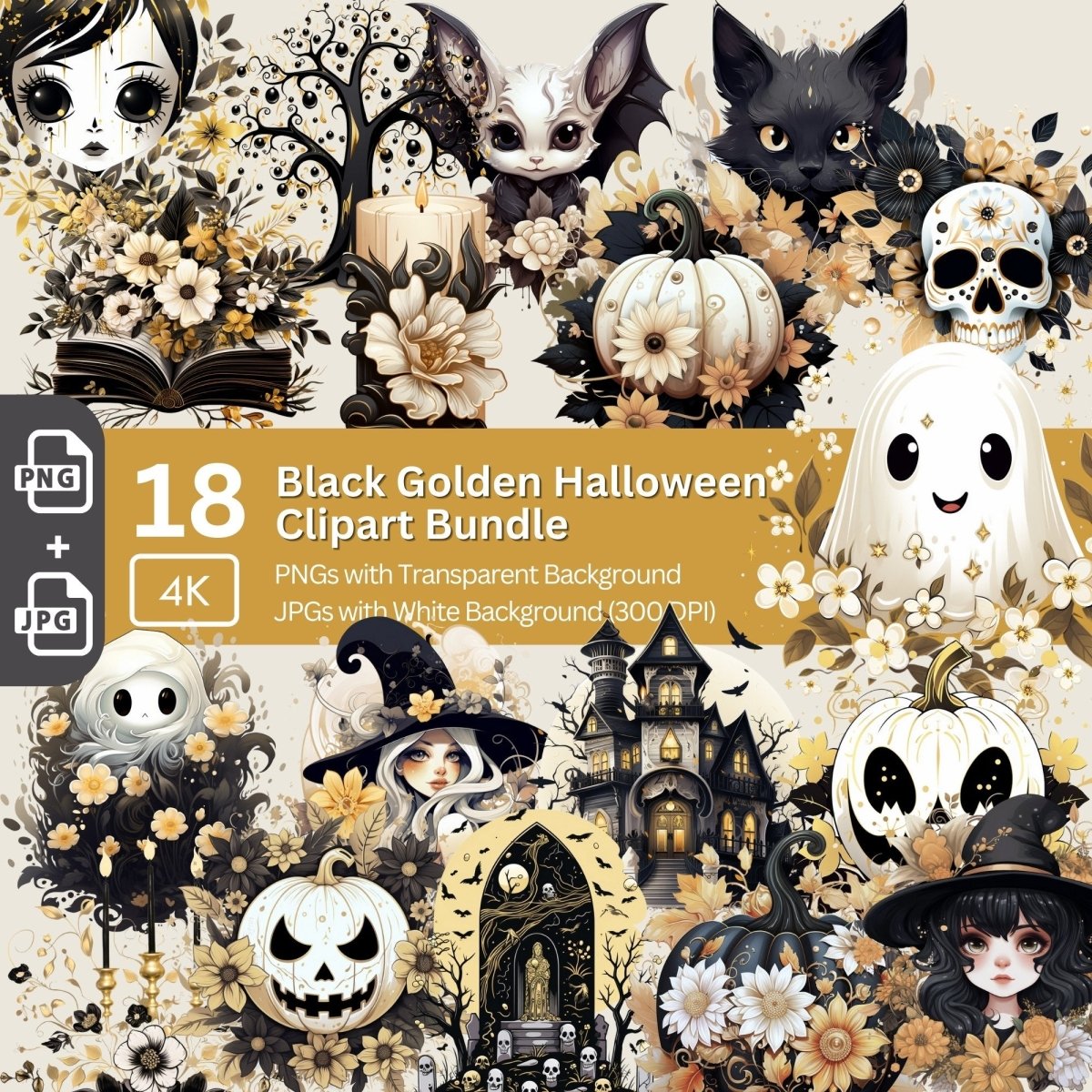 Stylish Black and Gold Halloween Clipart 7+7 PNG JPG Halloween Bundle - Everything Pixel