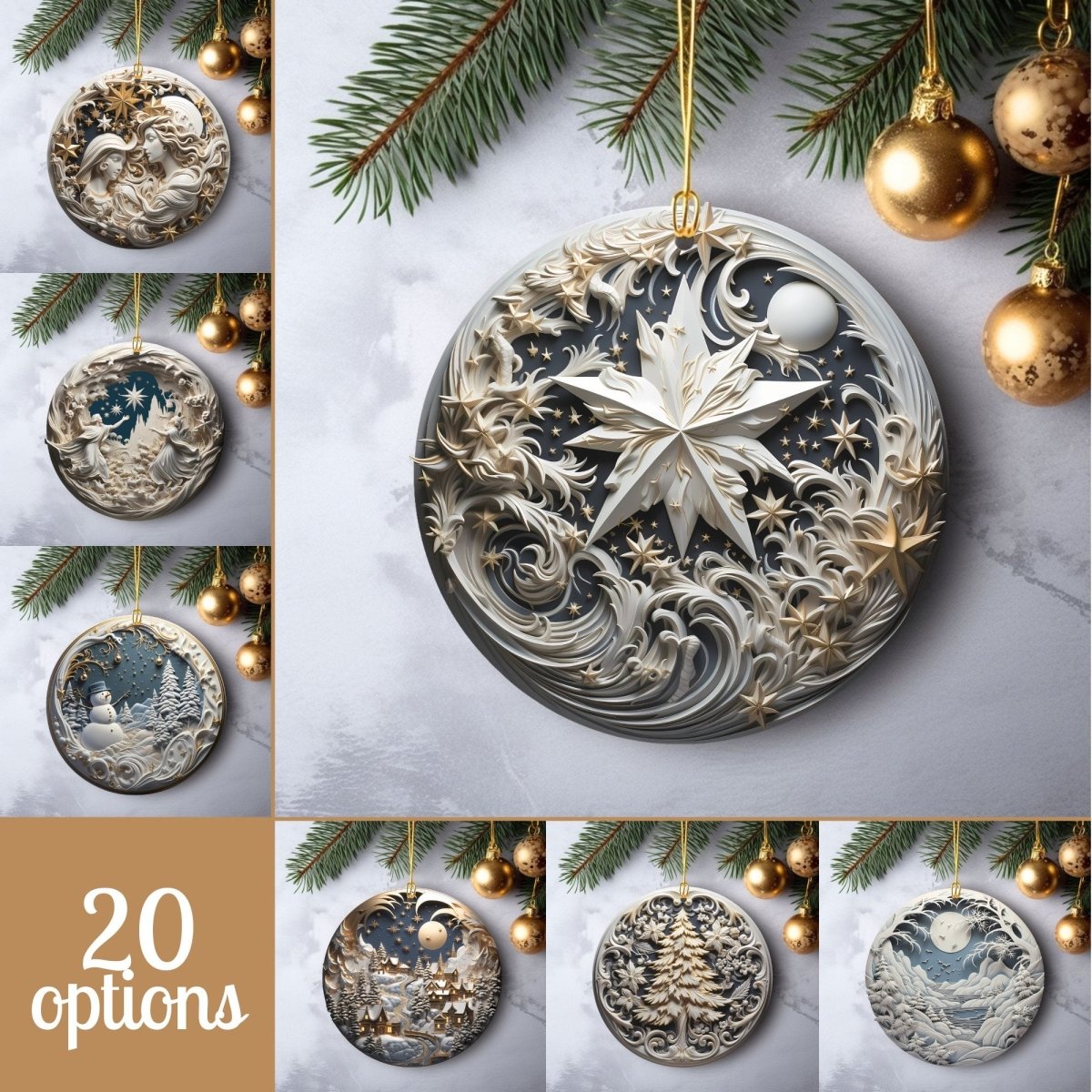 Stylish Ornaments Set of 20 Round Ceramic Ornaments Blue Gold 3D Style Print on Ornament no Relief Festive Christmas Tree Decoration - Everything Pixel