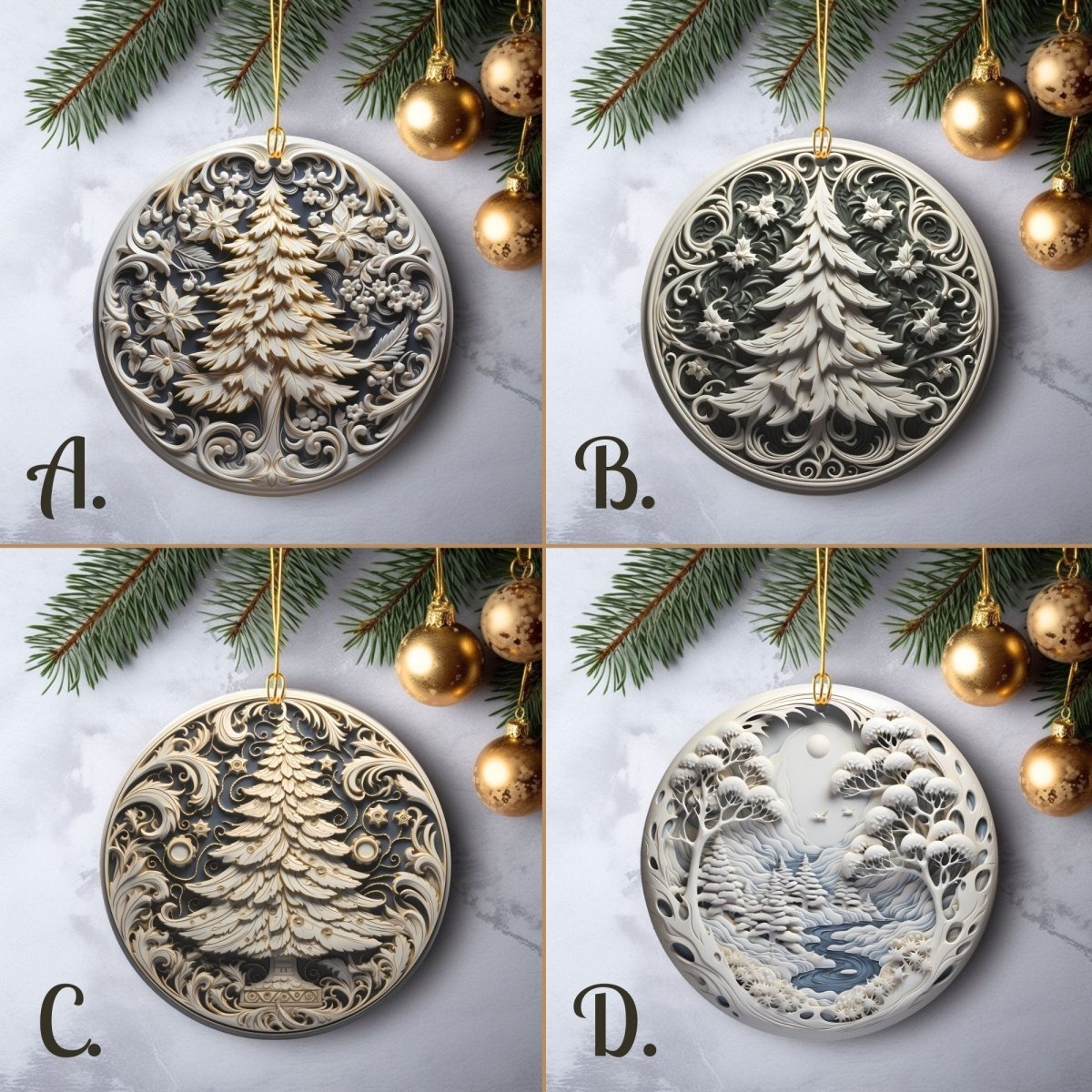 Stylish Ornaments Set of 20 Round Ceramic Ornaments Blue Gold 3D Style Print on Ornament no Relief Festive Christmas Tree Decoration - Everything Pixel