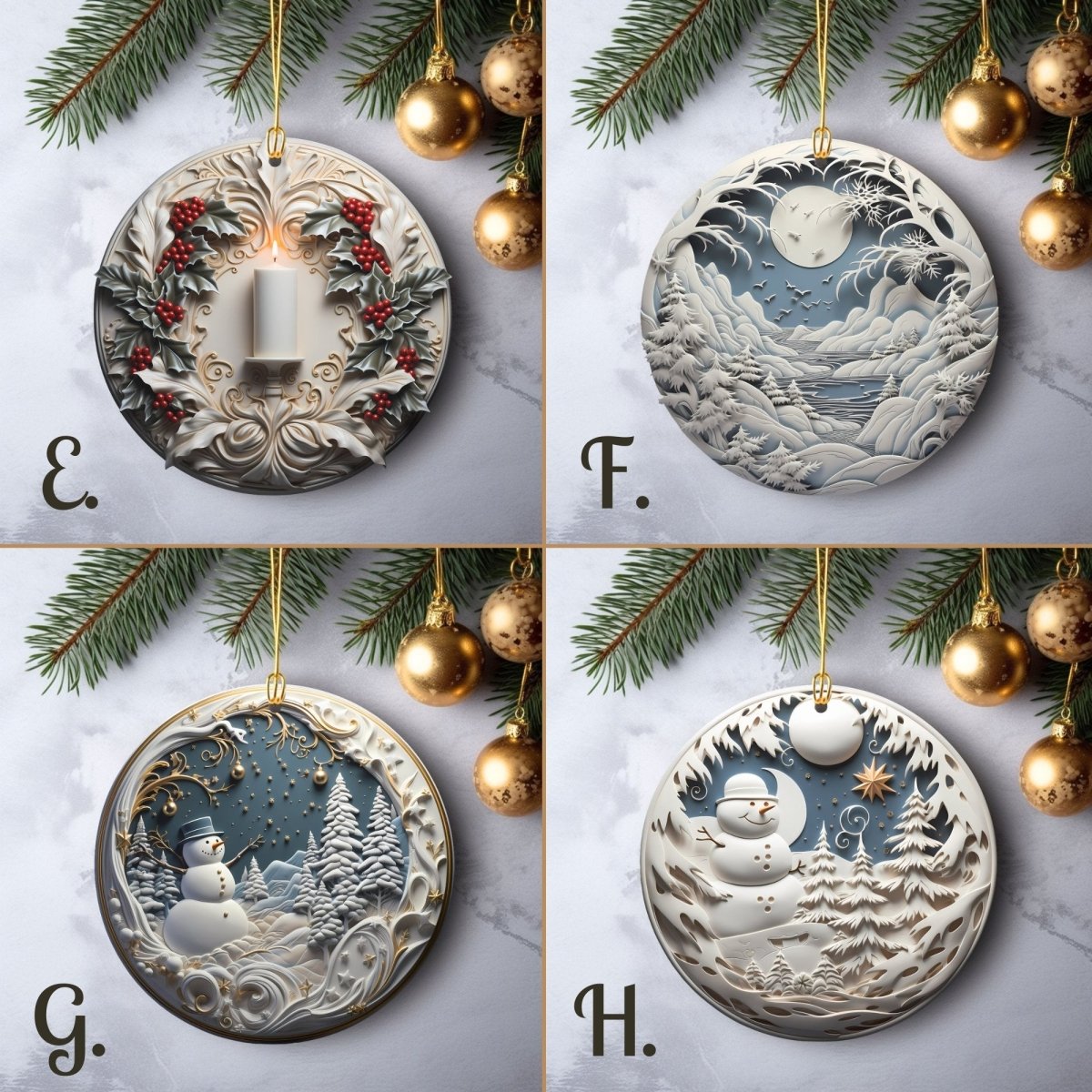 Stylish Ornaments Set of 20 Round Ceramic Ornaments Blue Gold 3D Style Print on Ornament no Relief Festive Christmas Tree Decoration - Everything Pixel