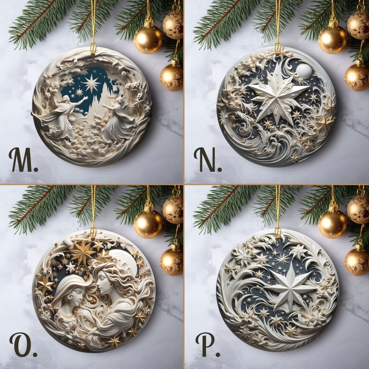 Stylish Ornaments Set of 20 Round Ceramic Ornaments Blue Gold 3D Style Print on Ornament no Relief Festive Christmas Tree Decoration - Everything Pixel