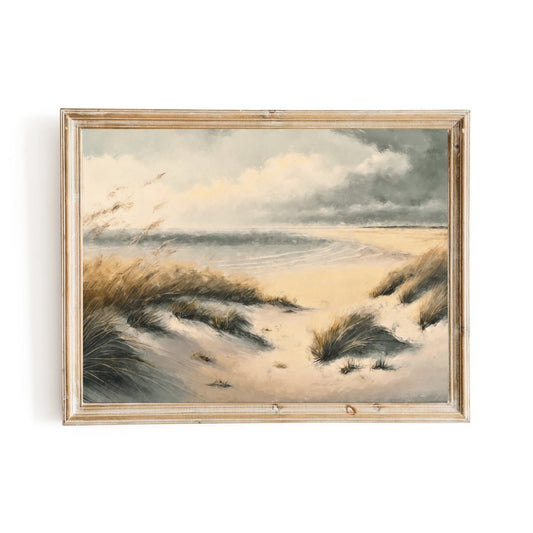 Tranquil Seaside Landscape with Beach Grass and Cloudy Sky Vintage Oil Painting - Everything Pixel