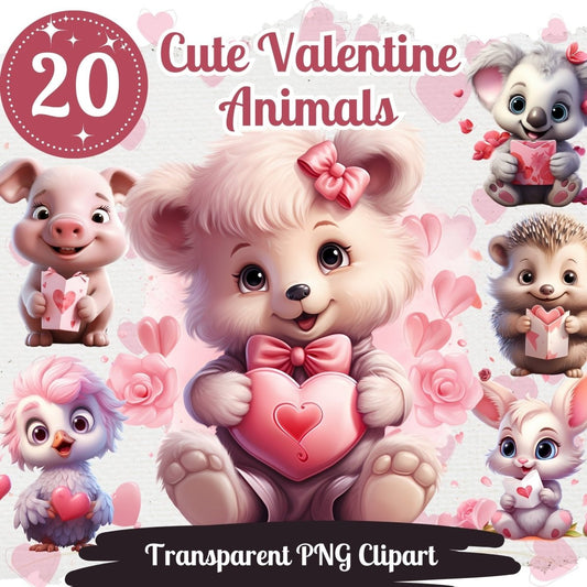 Valentines Animals Cliparts 20 PNG Bundle Romantic Animal Graphic Valentines Day Set Card Crafting Junk Journal Kit Cute Love Images - Everything Pixel