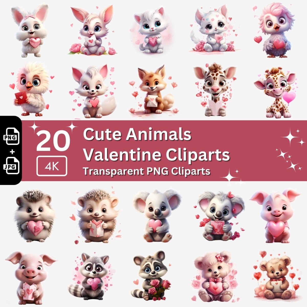 Valentines Animals Cliparts 20 PNG Bundle Romantic Animal Graphic Valentines Day Set Card Crafting Junk Journal Kit Cute Love Images - Everything Pixel