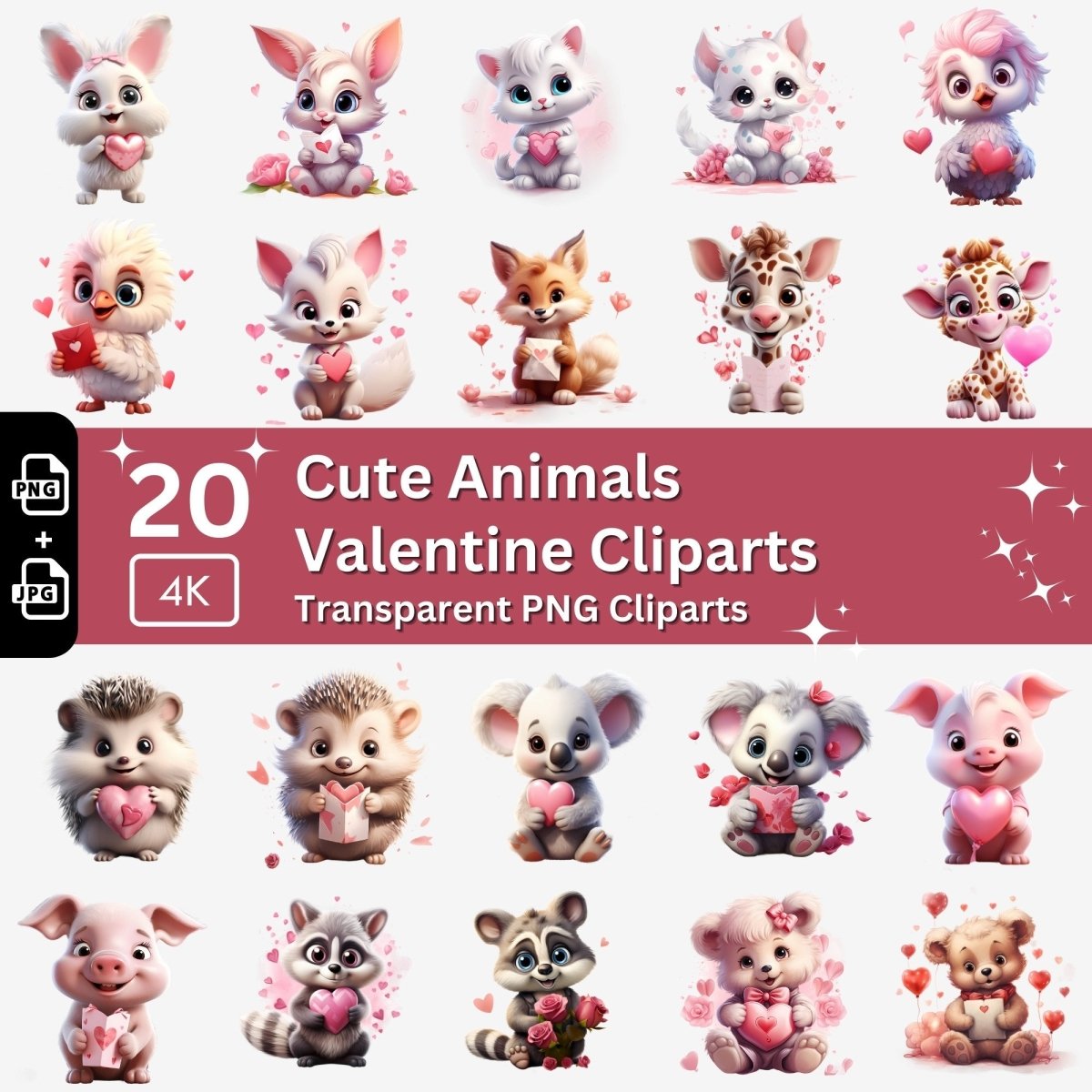 Valentines Animals Cliparts 20 PNG Bundle Romantic Animal Graphic Valentines Day Set Card Crafting Junk Journal Kit Cute Love Images - Everything Pixel