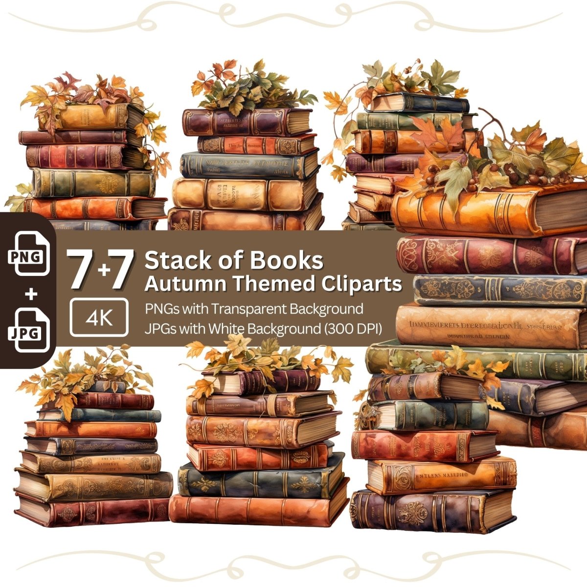 Vibrant Autumn Book Stacks Clipart 7+7 PNG JPG Bundle - Everything Pixel
