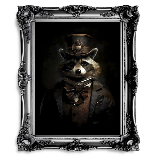 Victorian Raccoon Gentleman Dark Cottagecore Vintage Animal Portrait - Paper Poster Print - Everything Pixel