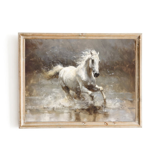 Vintage Galloping White Horse Wall Art Print - Everything Pixel