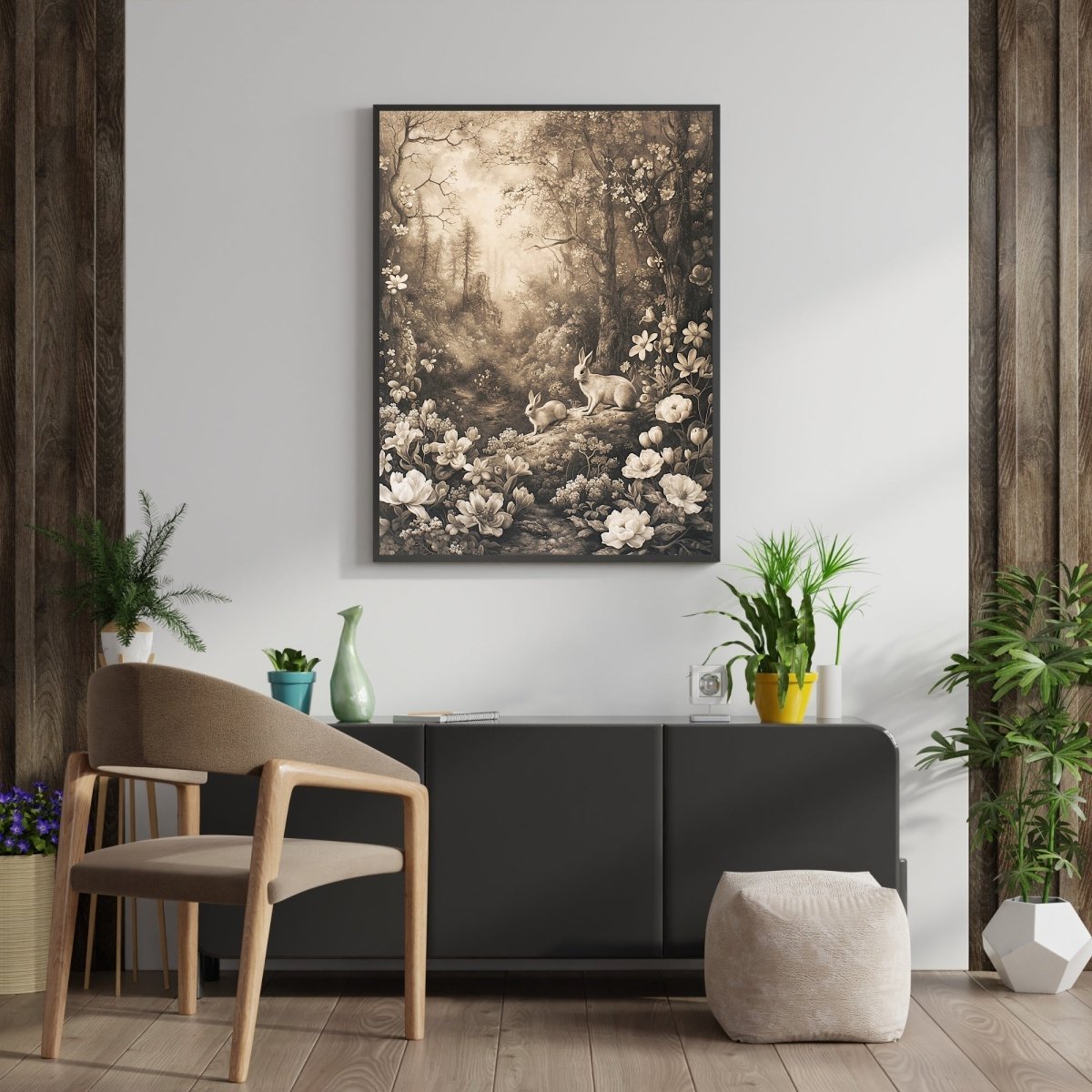 Vintage Spring Woodland & Bunnies - Earth Tone Wall Art Print - Everything Pixel