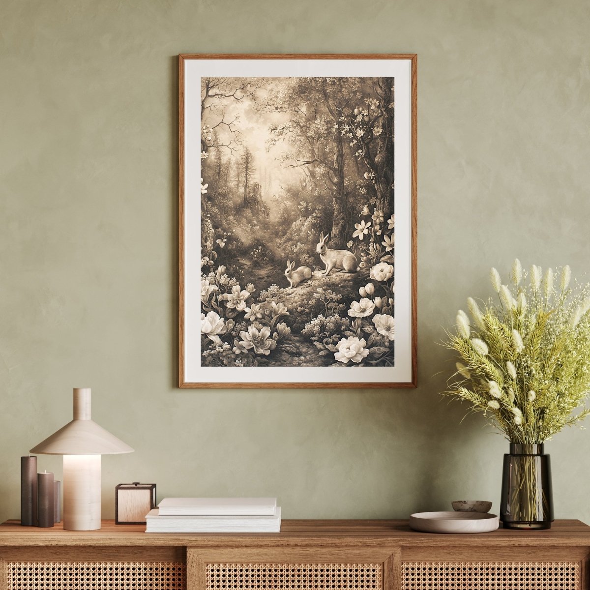 Vintage Spring Woodland & Bunnies - Earth Tone Wall Art Print - Everything Pixel