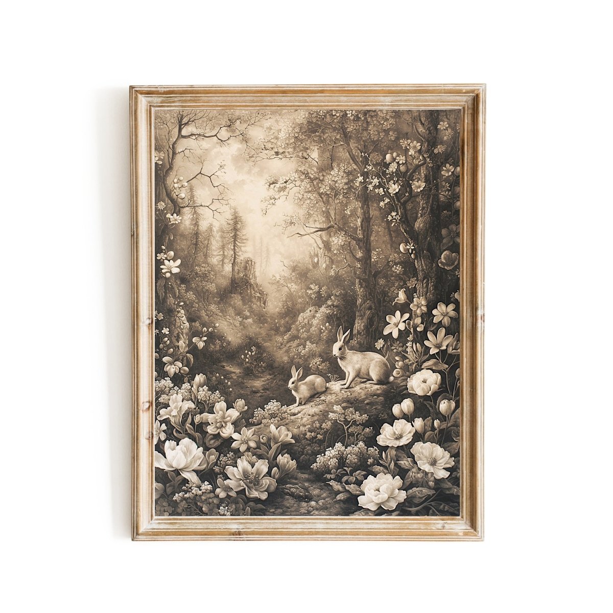 Vintage Spring Woodland & Bunnies - Earth Tone Wall Art Print - Everything Pixel