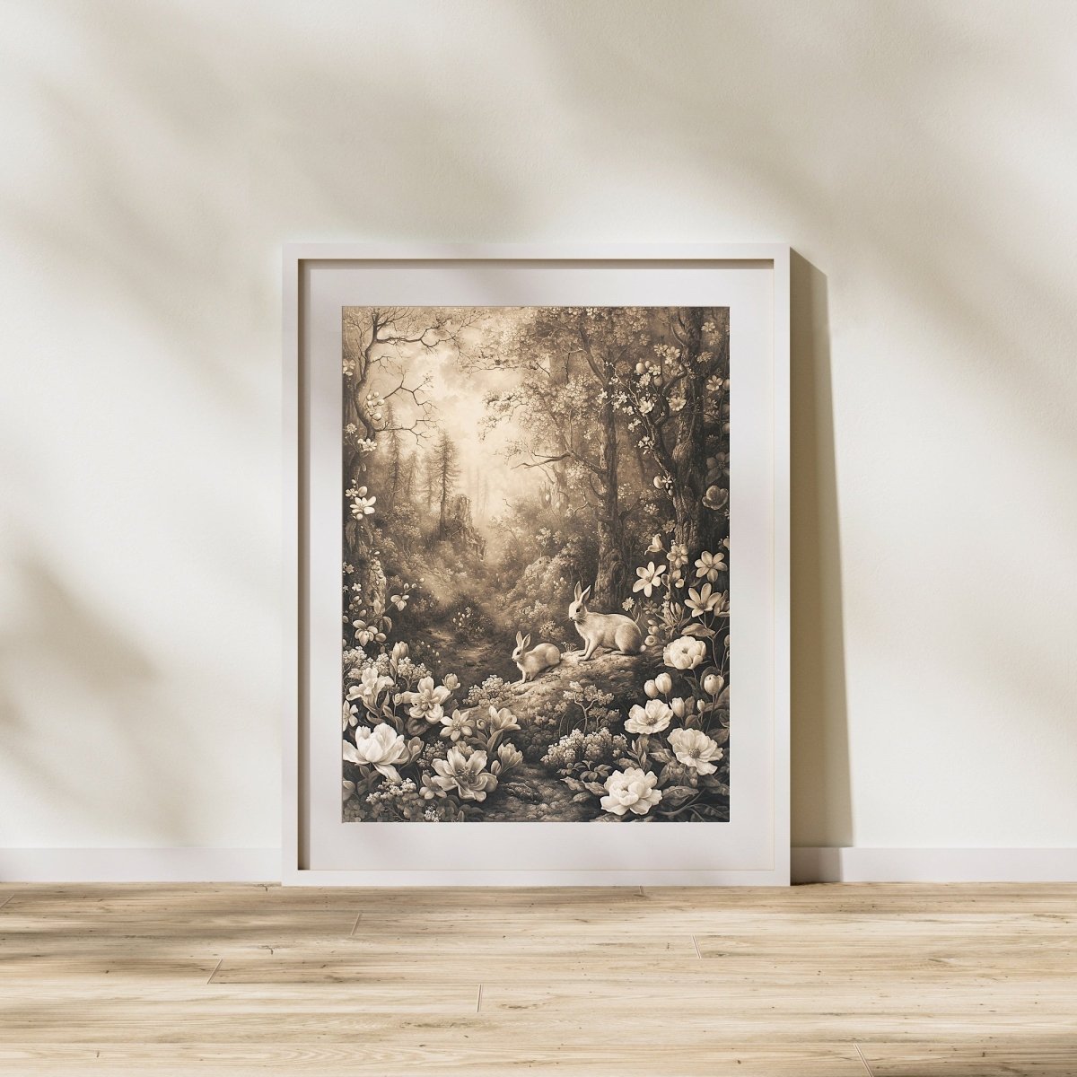 Vintage Spring Woodland & Bunnies - Earth Tone Wall Art Print - Everything Pixel
